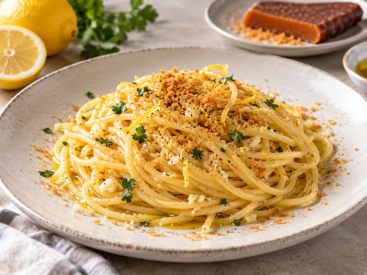 Spaghetti au citron, ail et poutargue