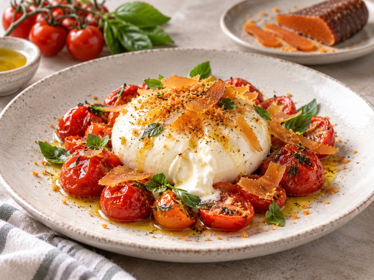 Burrata, tomates rôties et poutargue