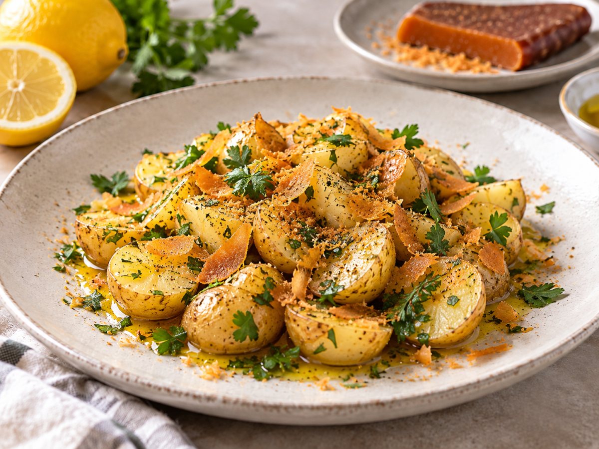 Pommes de terre tièdes, poutargue et herbes
